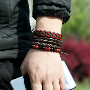 Vintage Men's Leather Bracelets Set Punk Beads Charms Wrap Wristband