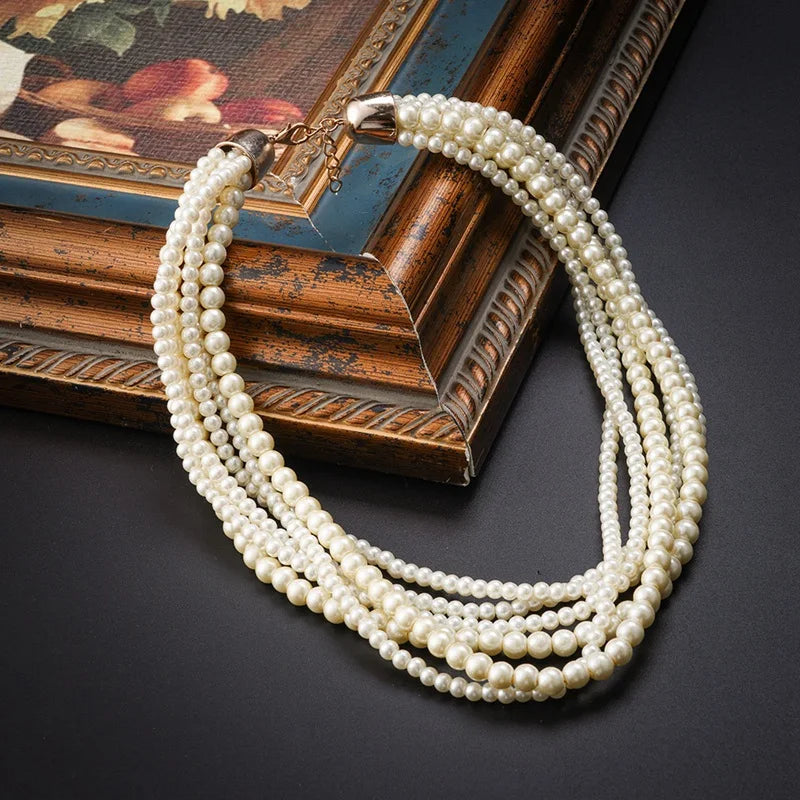 Vintage Multilayer Pearl Choker Necklace Sweet Wedding Jewelry