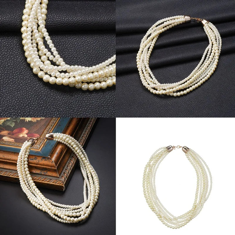 Vintage Multilayer Pearl Choker Necklace Sweet Wedding Jewelry