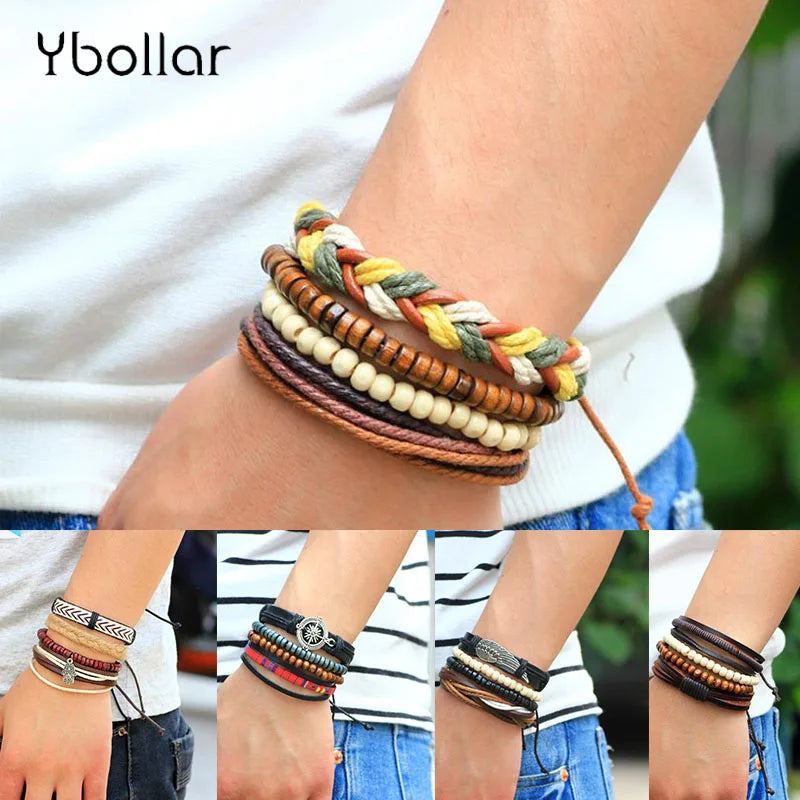 Vintage Multilayer Leather Bracelet Wood Beaded Charm Bracelets