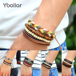 Vintage Multilayer Leather Bracelet Wood Beaded Charm Bracelets