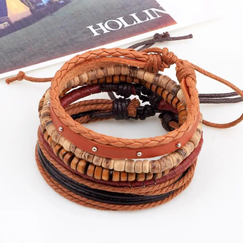 Vintage Multilayer Leather Bracelet Wood Beaded Charm Bracelets