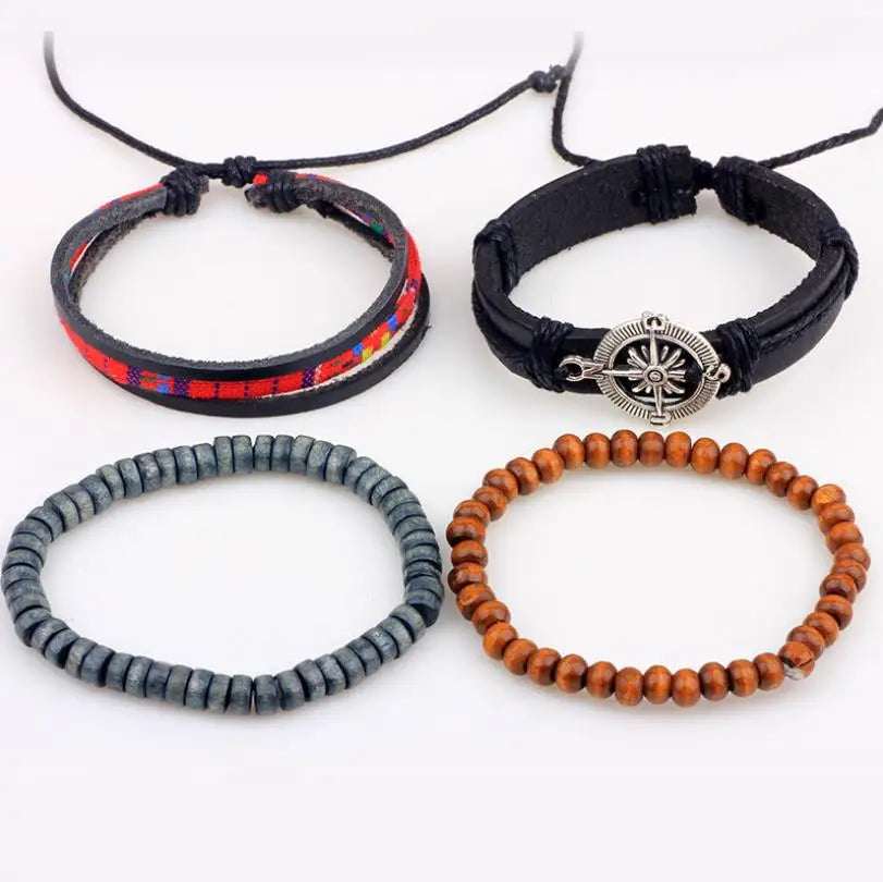 Vintage Multilayer Leather Bracelet Wood Beaded Charm Bracelets