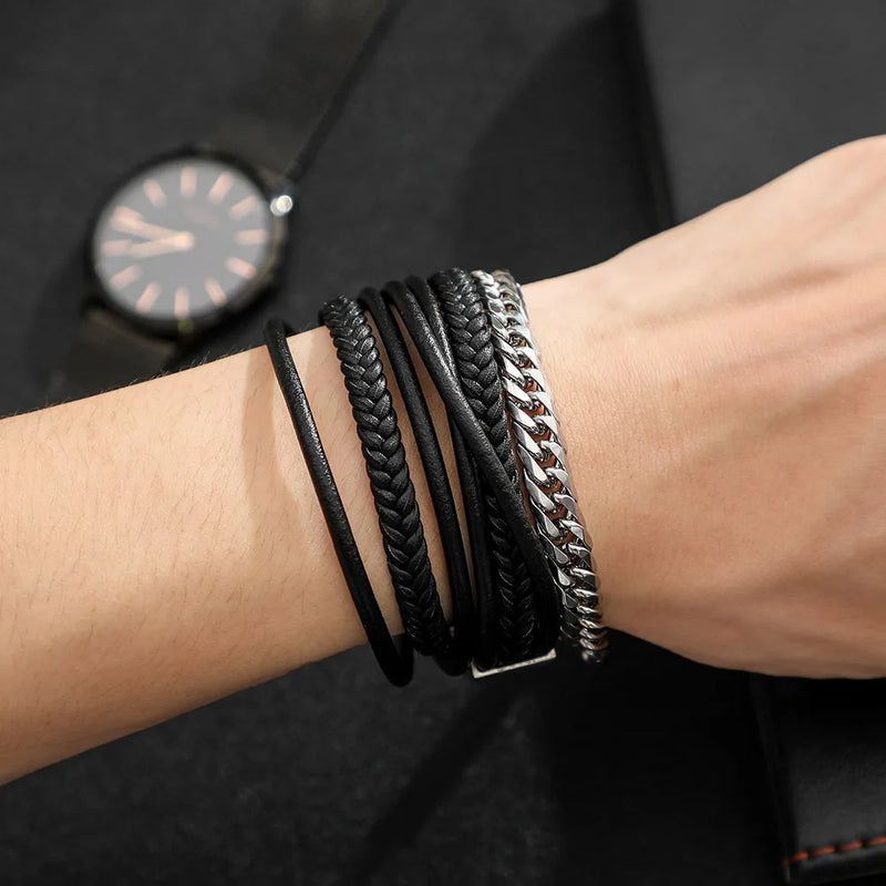 Vintage Leather Bracelet Men Stainless Steel Buddha Wrap
