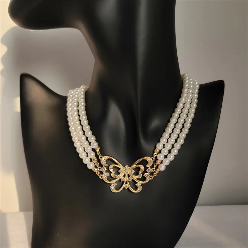 Vintage Pearl Rhinestone Necklace for Women Party Girls Butterfly Pendant Choker