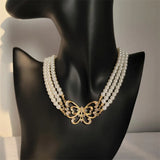 Vintage Pearl Rhinestone Necklace for Women Party Girls Butterfly Pendant Choker