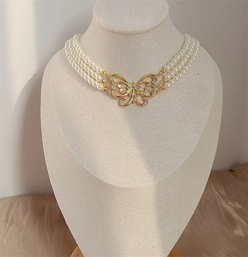 Vintage Pearl Rhinestone Necklace for Women Party Girls Butterfly Pendant Choker