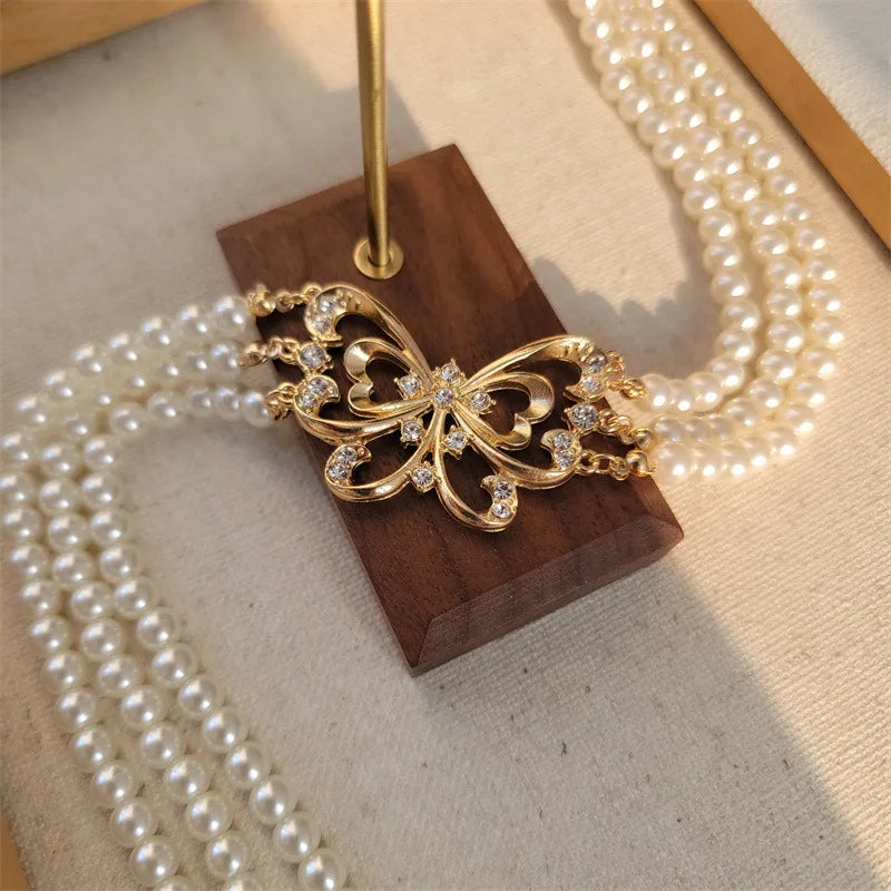 Vintage Pearl Rhinestone Necklace for Women Party Girls Butterfly Pendant Choker