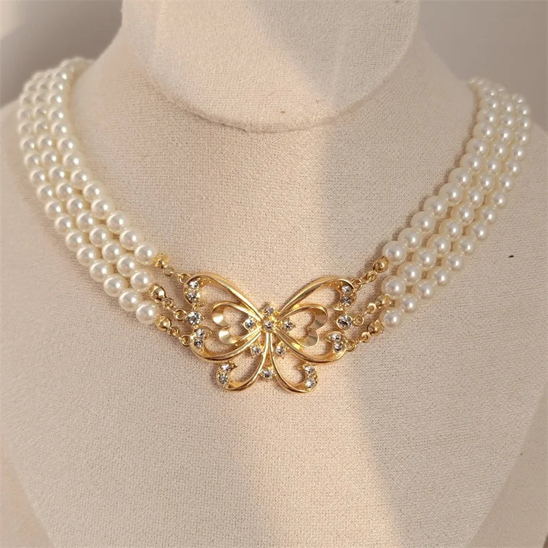 Vintage Pearl Rhinestone Necklace for Women Party Girls Butterfly Pendant Choker