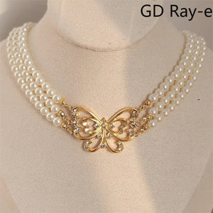 Vintage Pearl Rhinestone Necklace for Women Party Girls Butterfly Pendant Choker