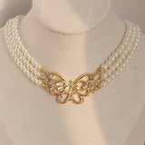 Vintage Pearl Rhinestone Necklace for Women Party Girls Butterfly Pendant Choker