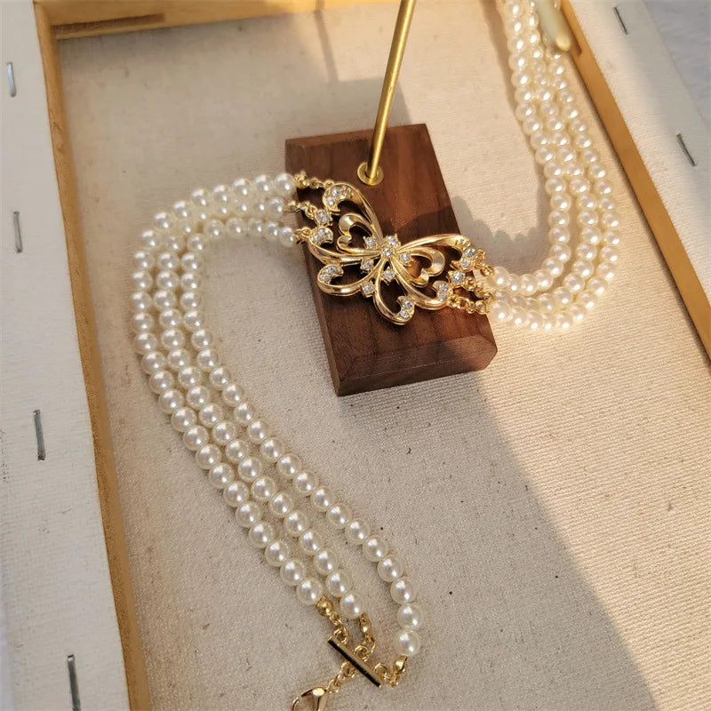 Vintage Pearl Rhinestone Necklace for Women Party Girls Butterfly Pendant Choker