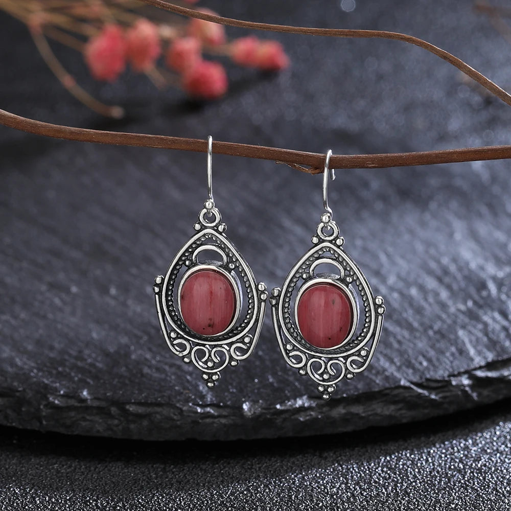 Vintage Tiger's Eye Drop Earrings Rhodochrosite Jewelry