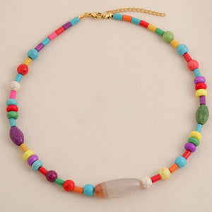 Vintage Agate Charm Choker Colorful Beads Necklace Irregular Turquoise Stone
