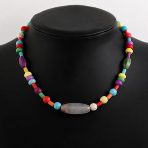 Vintage Agate Charm Choker Colorful Beads Necklace Irregular Turquoise Stone