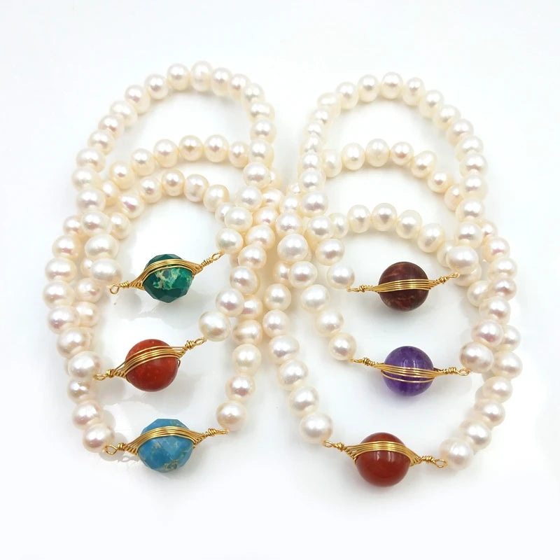 Freshwater Pearls Beads Bracelet for Women Crystal Charms Bangle