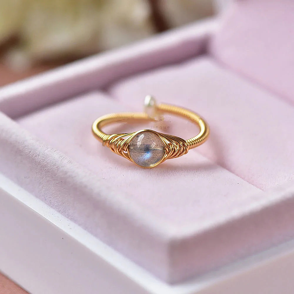 Labradorite Gray Moonstone Rings 14K Gem Open Rings Party Jewelry