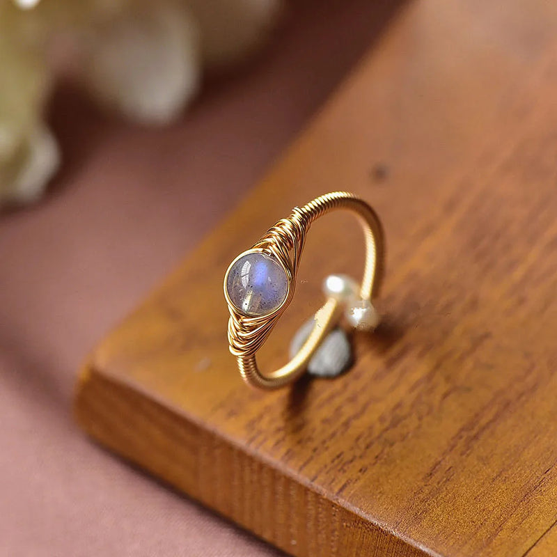 Labradorite Gray Moonstone Rings 14K Gem Open Rings Party Jewelry