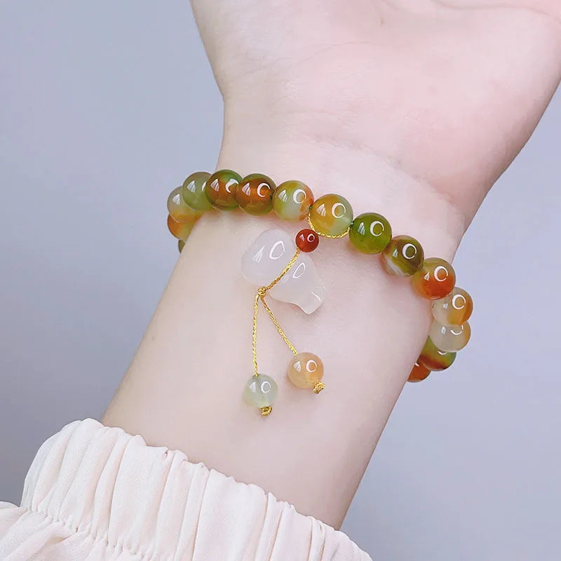 Vintage Green Agate Chalcedony Charm Beaded Strand Bracelet