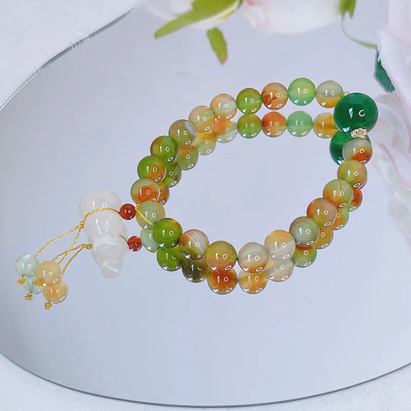 Vintage Green Agate Chalcedony Charm Beaded Strand Bracelet