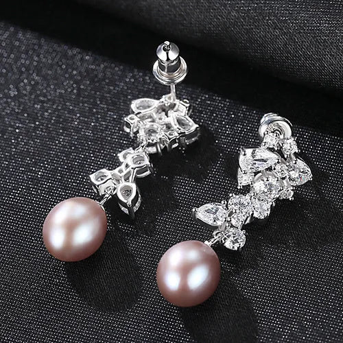 Vintage Natural Pearls Earrings 925 Sterling Silver Zircon Freshwater Pearl Stud