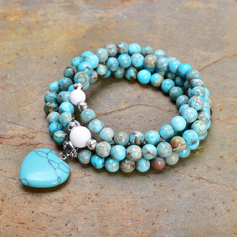 Vintage Natural Stone Beaded Bracelet with Heart-shaped Turquoise Stones Pendant