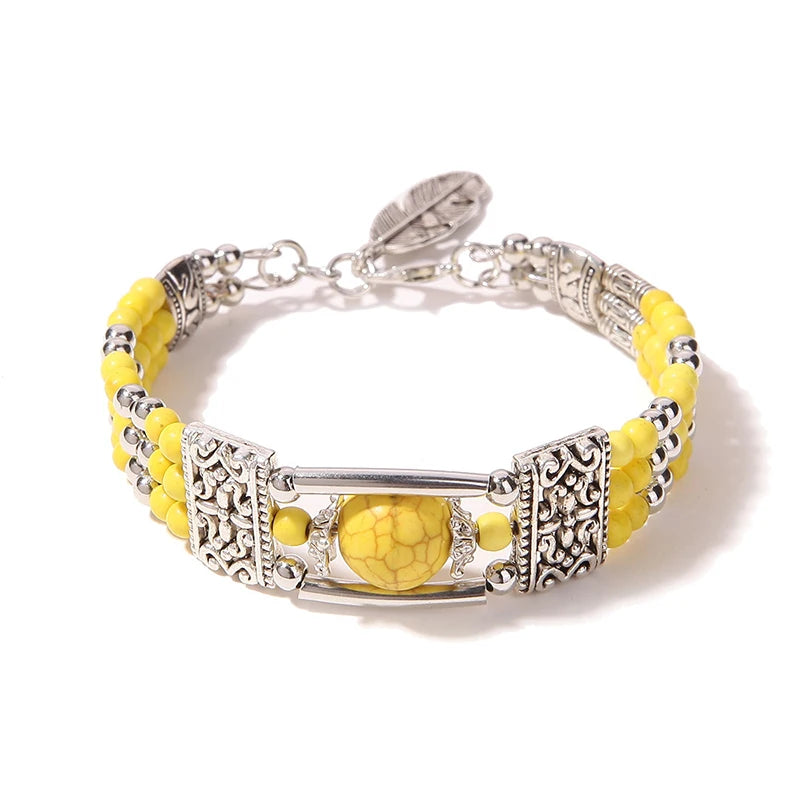 Vintage Natural Stone Bohemian Bracelet For Women Jewelry Round Beads Carved