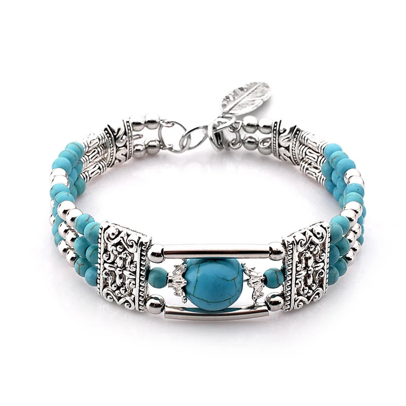 Vintage Natural Stone Bohemian Bracelet For Women Jewelry Round Beads Carved