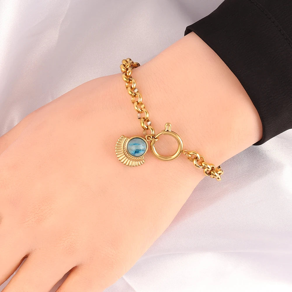 Vintage Turquoise Stone Bracelet Stainless Steel Cuban Chain Women Jewelry