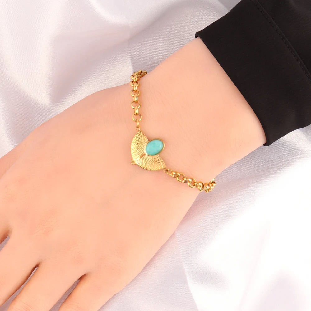 Vintage Turquoise Stone Bracelet Stainless Steel Cuban Chain Women Jewelry