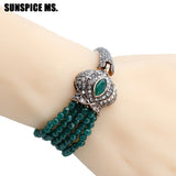 Vintage Natural Stone Charm Bracelet Antique Cuff&Bead Flower Wedding Jewelry