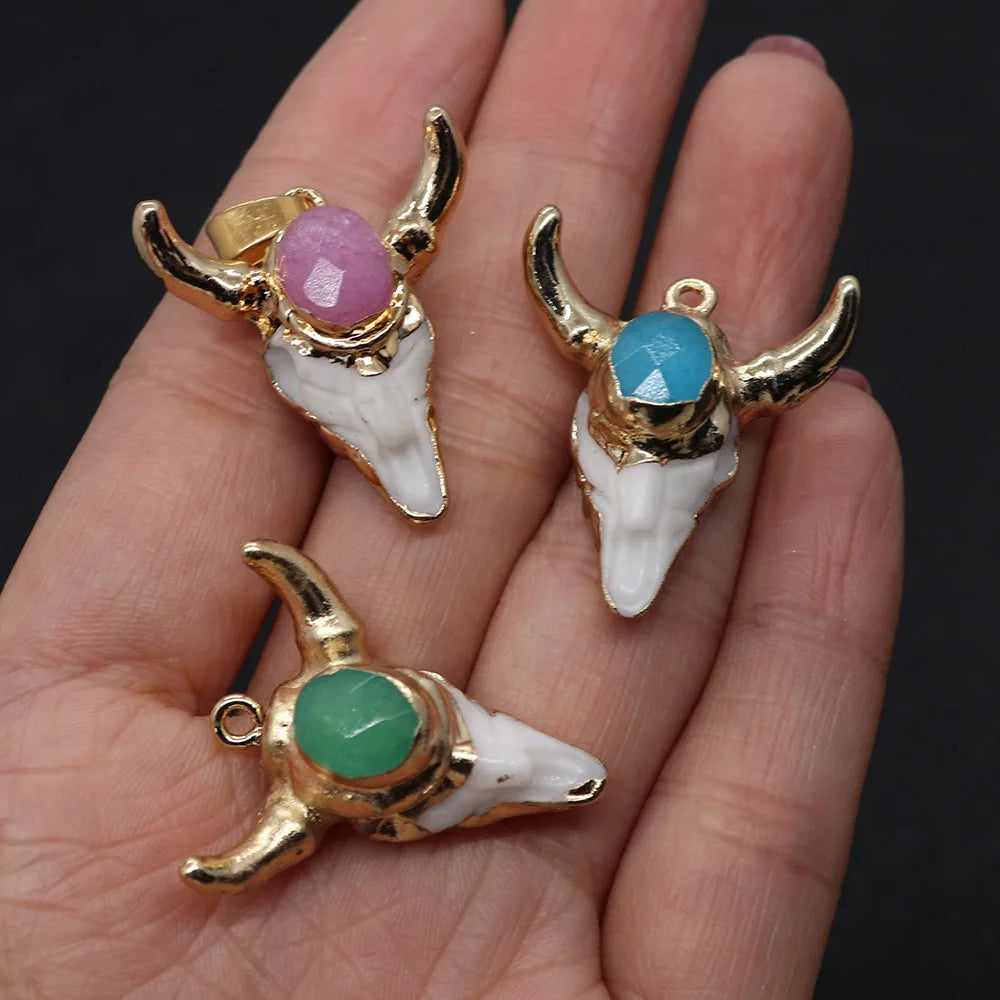 Vintage Stone Cow Skull Charm Pendant for Jewelry Making