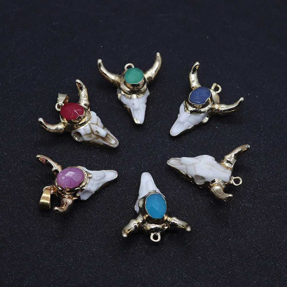 Vintage Stone Cow Skull Charm Pendant for Jewelry Making