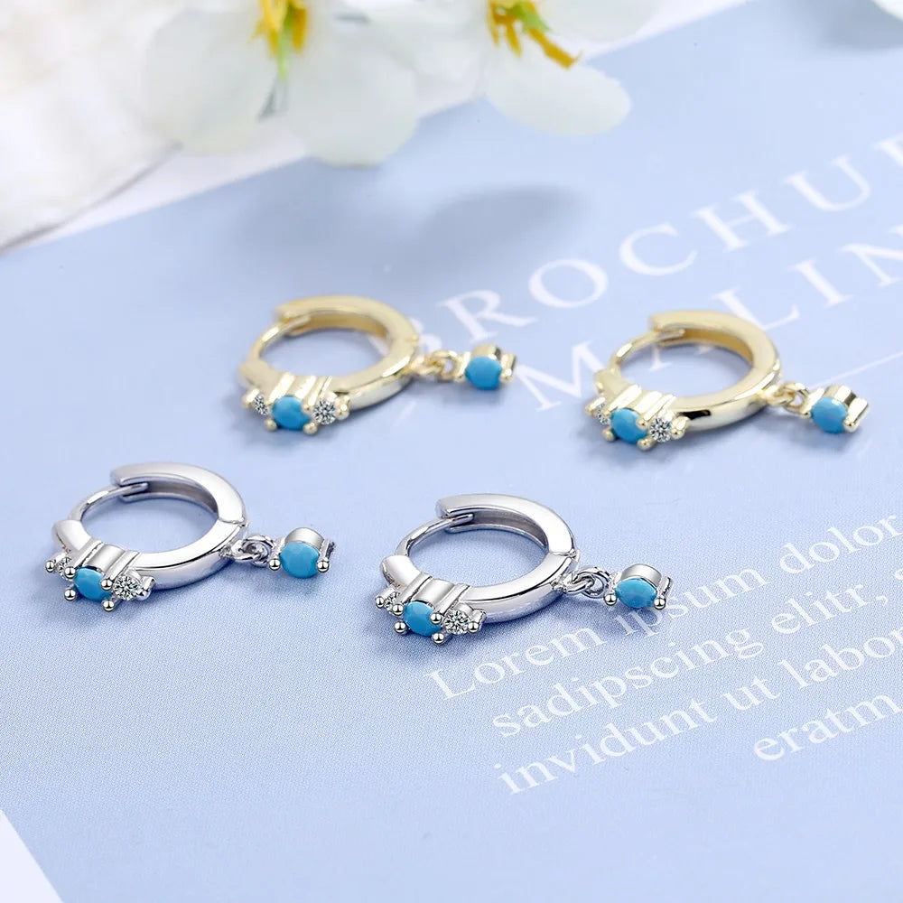 Vintage Natural Turquoise Hoop Earrings 925 Silver Needle Earring