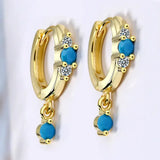 Vintage Natural Turquoise Hoop Earrings 925 Silver Needle Earring