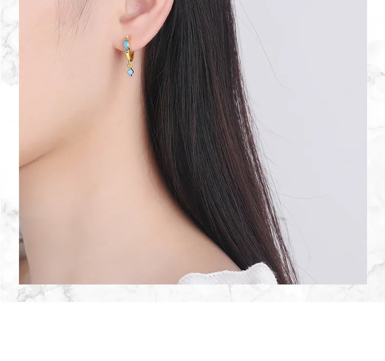 Vintage Natural Turquoise Hoop Earrings 925 Silver Needle Earring