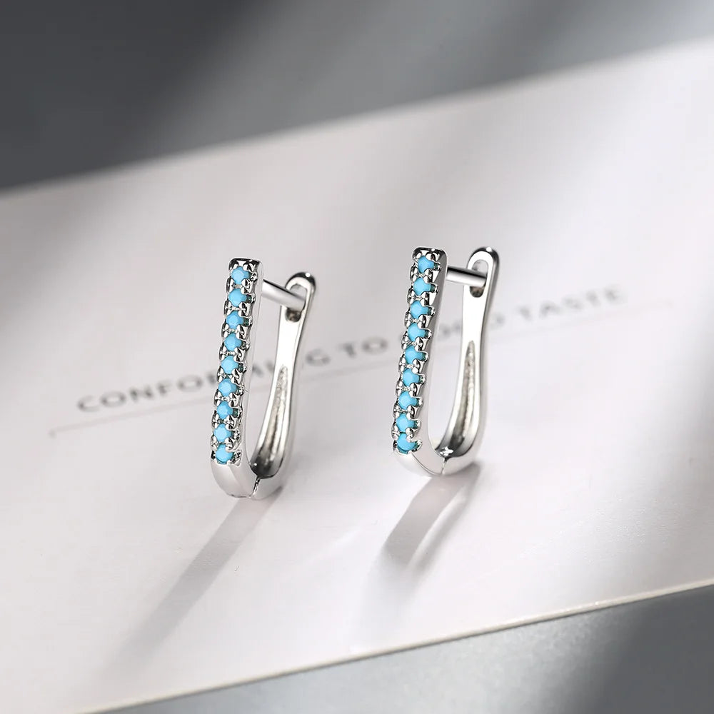 Vintage Turquoise Hoop Earrings 925 Silver Women's Ear Jewelry