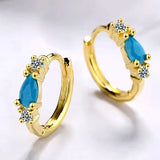 Vintage Natural Turquoise Hoop Earrings Solid 925 Silver Needle Earring