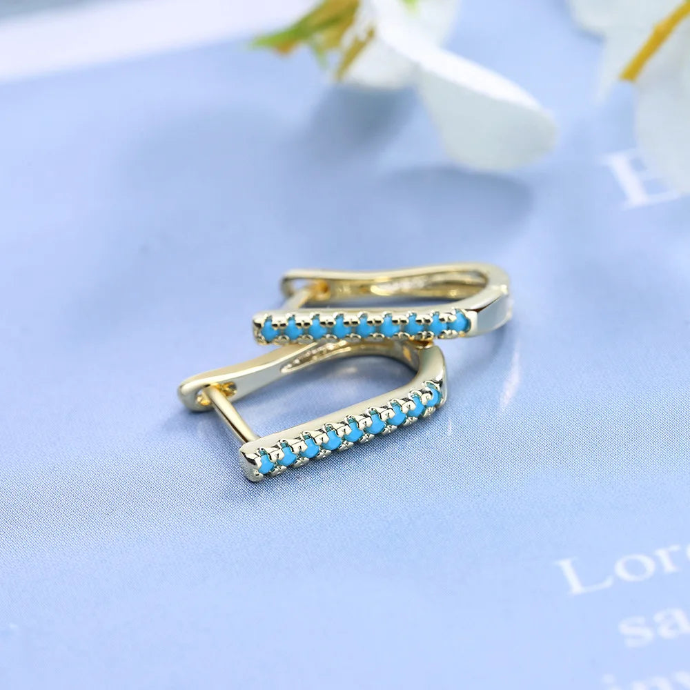 Vintage Turquoise Hoop Earrings 925 Silver Women's Ear Jewelry
