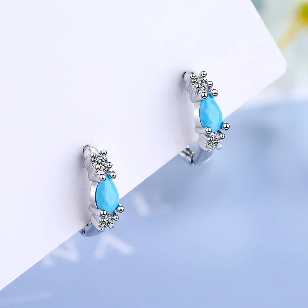 Vintage Natural Turquoise Hoop Earrings Solid 925 Silver Needle Earring