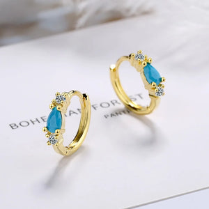 Vintage Natural Turquoise Hoop Earrings Solid 925 Silver Needle Earring