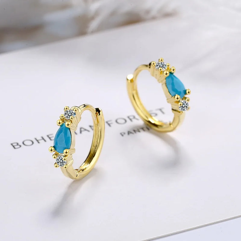 Vintage Natural Turquoise Hoop Earrings Solid 925 Silver Needle Earring