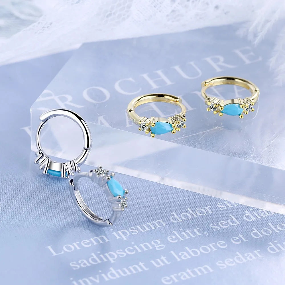 Vintage Natural Turquoise Hoop Earrings Solid 925 Silver Needle Earring