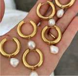 Vintage Nature Pearl Hoop Earrings Stainless Steel WaterProof Women Jewelry
