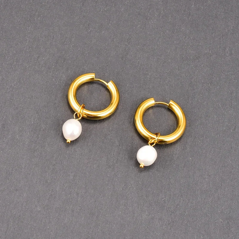 Vintage Nature Pearl Hoop Earrings Stainless Steel WaterProof Women Jewelry