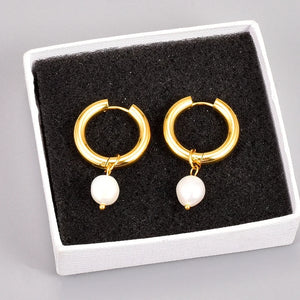 Vintage Nature Pearl Hoop Earrings Stainless Steel WaterProof Women Jewelry