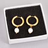 Vintage Nature Pearl Hoop Earrings Stainless Steel WaterProof Women Jewelry