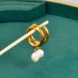Vintage Nature Pearl Hoop Earrings Stainless Steel WaterProof Women Jewelry