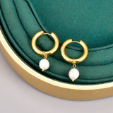 Vintage Nature Pearl Hoop Earrings Stainless Steel WaterProof Women Jewelry