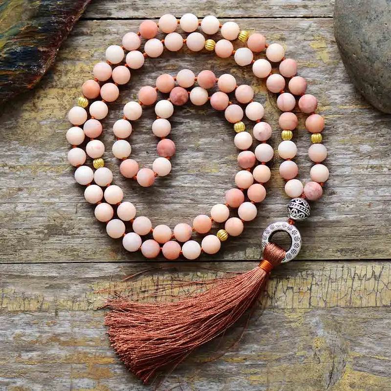 Vintage 8MM Frosted Natural Stones Tassel Necklace Women